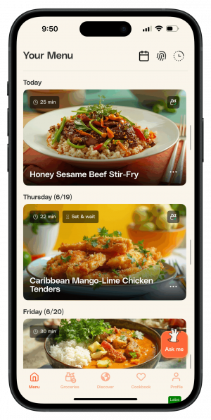 Ollie for Meals menu screen showing a personalized weekly dinner plan