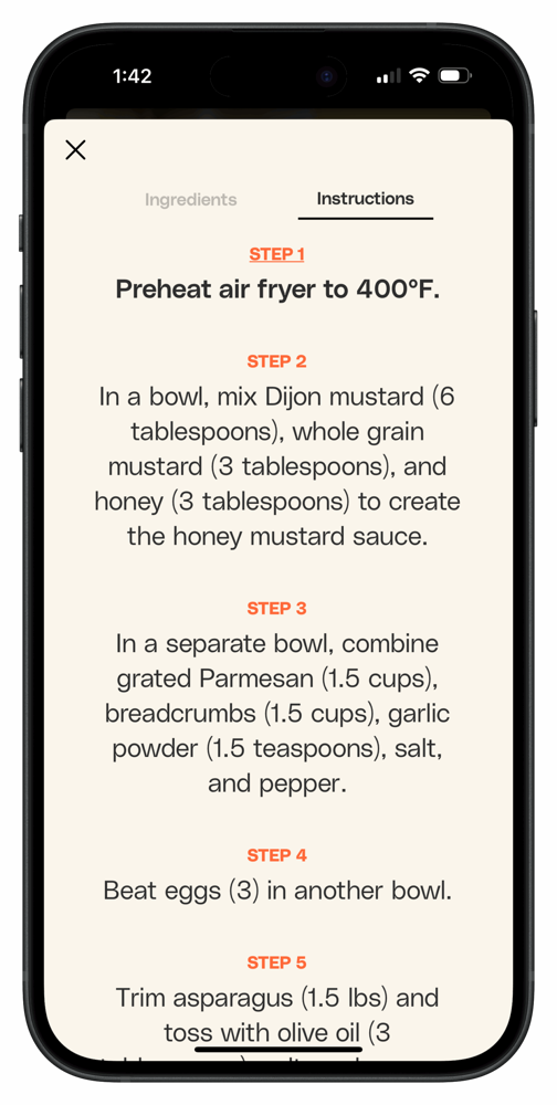 Cook mode with step-by-step instructions